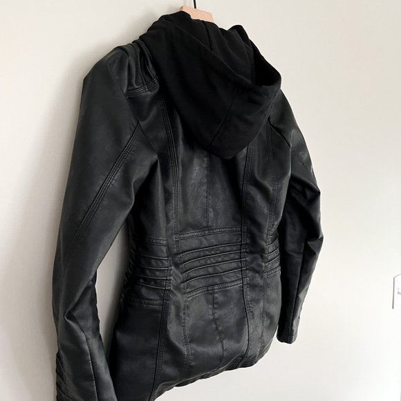 Black Leather Jacket with Detachable Hood - Picture 5 of 8